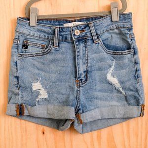 Kancan Mid Rise Distressed Denim Shorts Light Wash